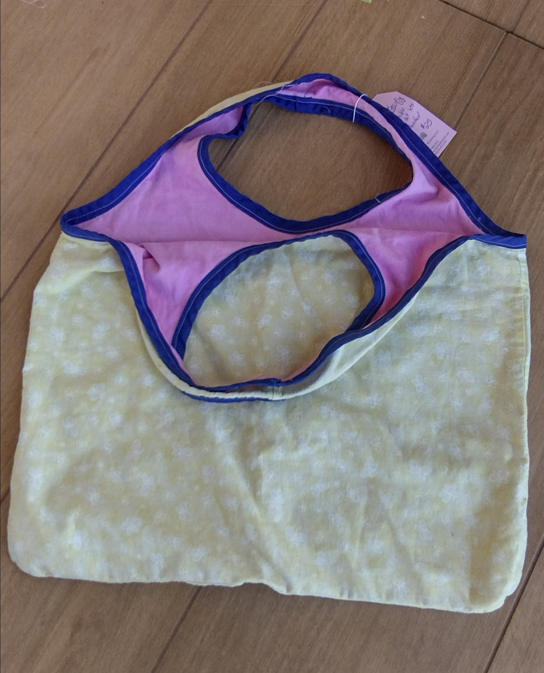pink and yellow reversible market tote